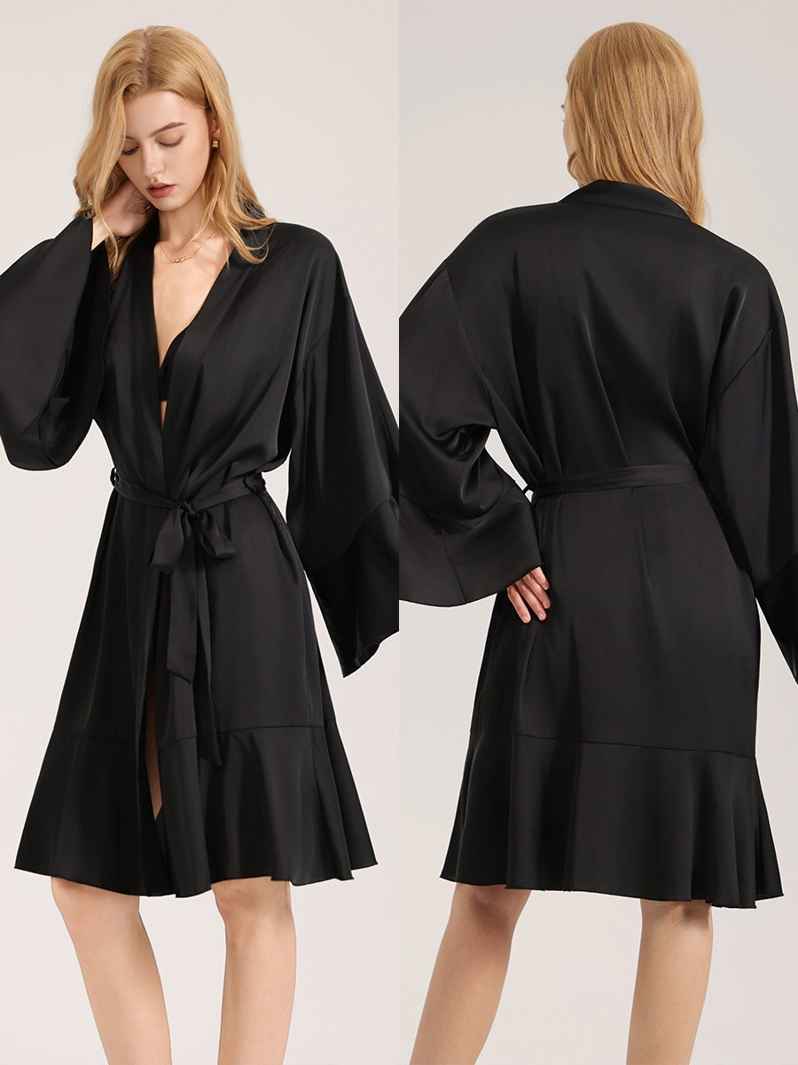 Black Satin Ruffle Hem Robe