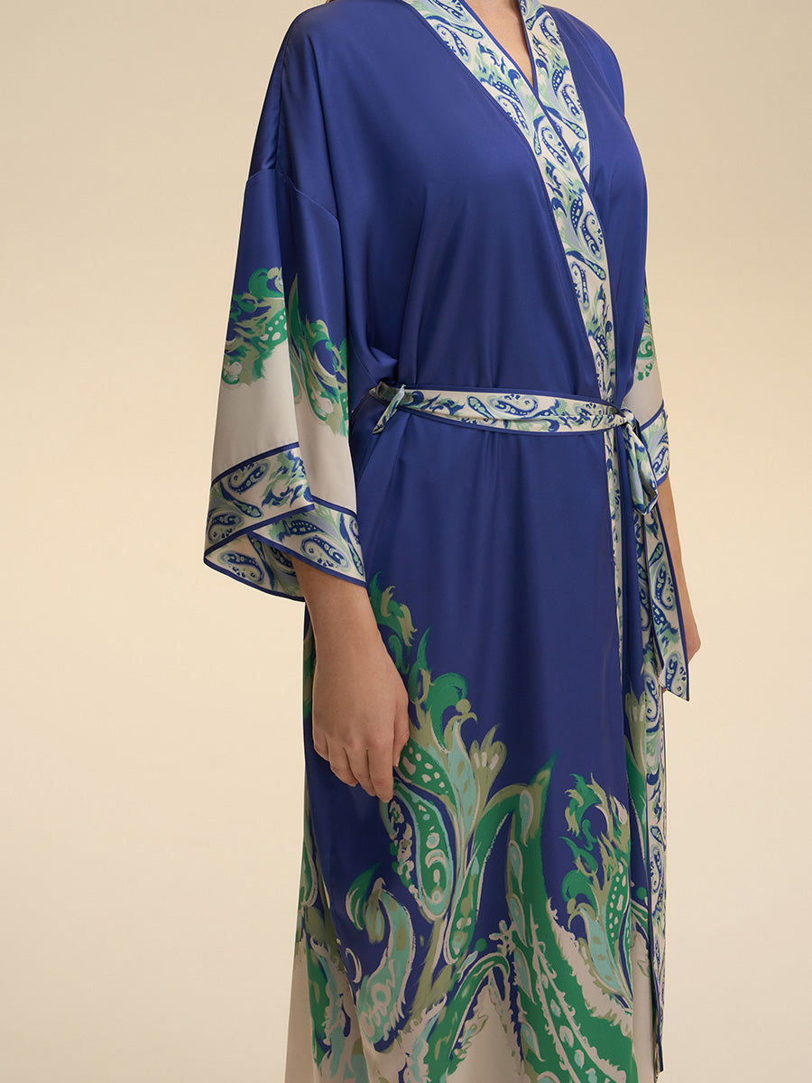 Royal Blue Paisley Satin Kimono Robe