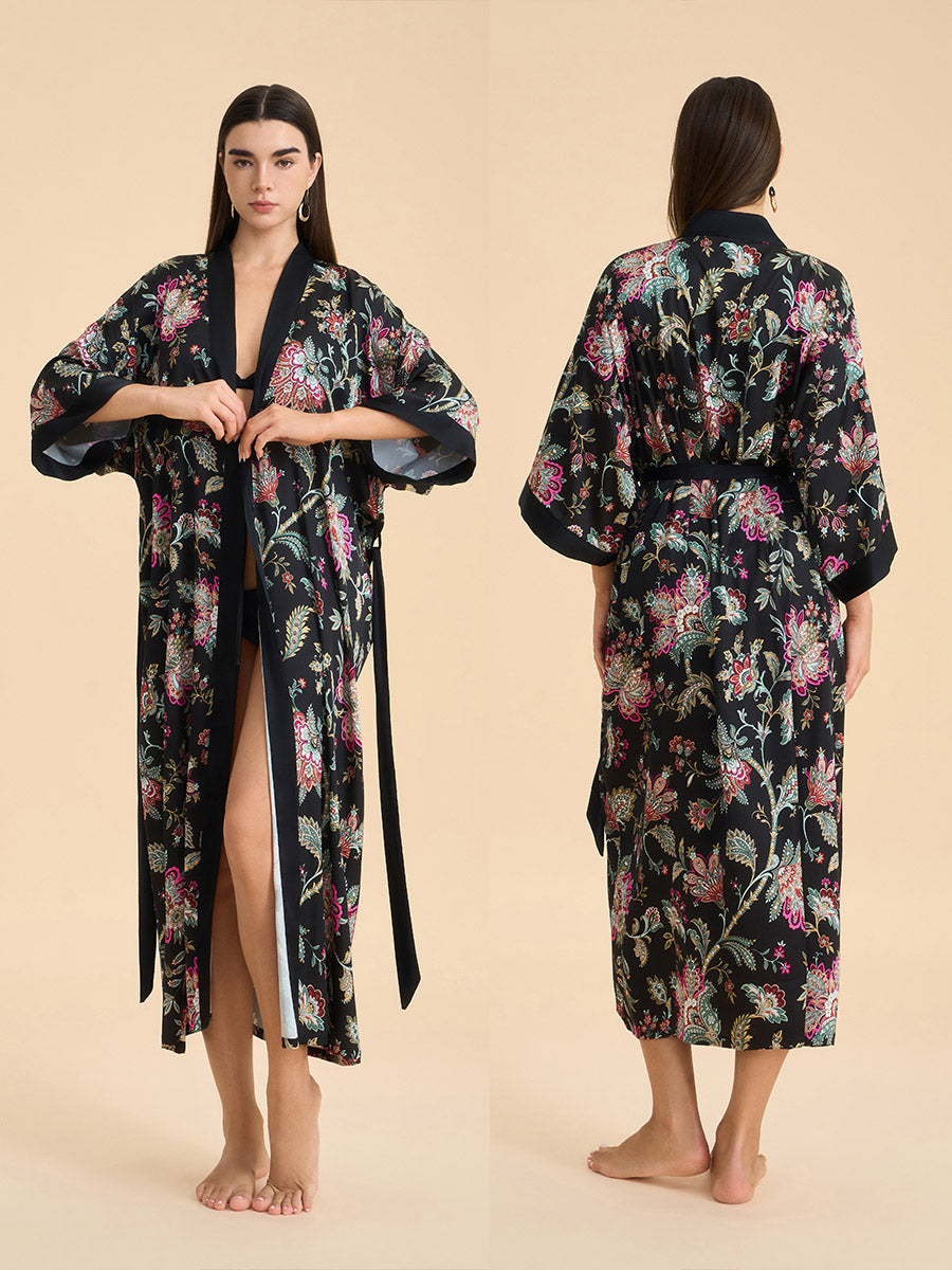 Midnight Floral Satin Kimono Robe