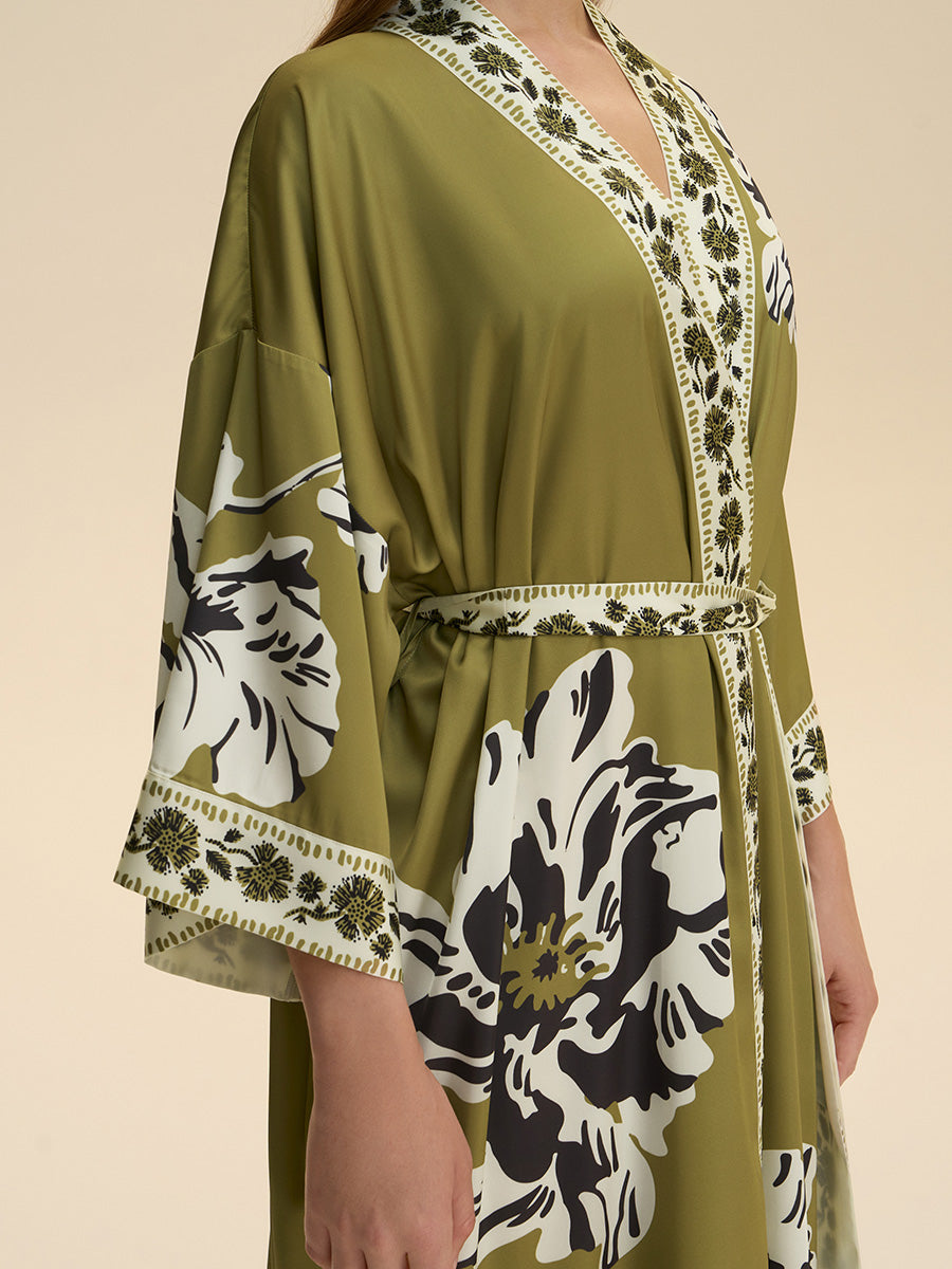 Olive Green Floral Satin Kimono Robe