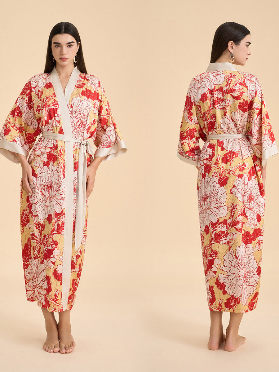 Deconstructed Peony Satin Kimono Robe