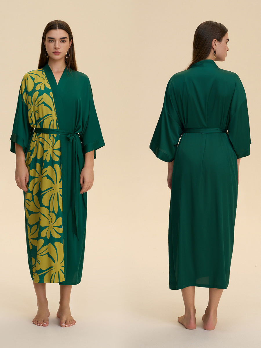 Colorblock Floral Satin Kimono Robe