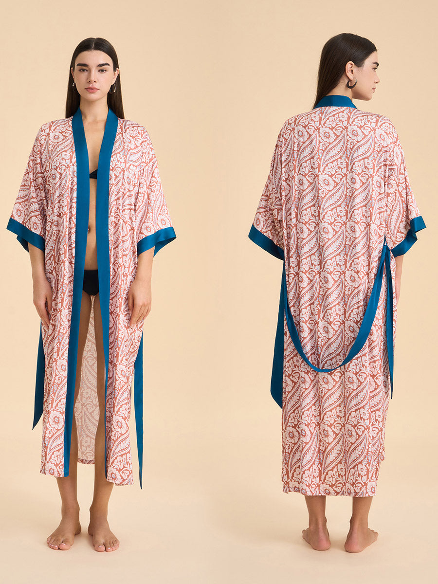 Paisley Contrast Trim Satin Kimono Robe