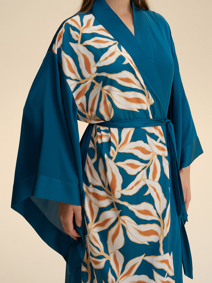 Teal Leaf Print Satin Kimono Robe