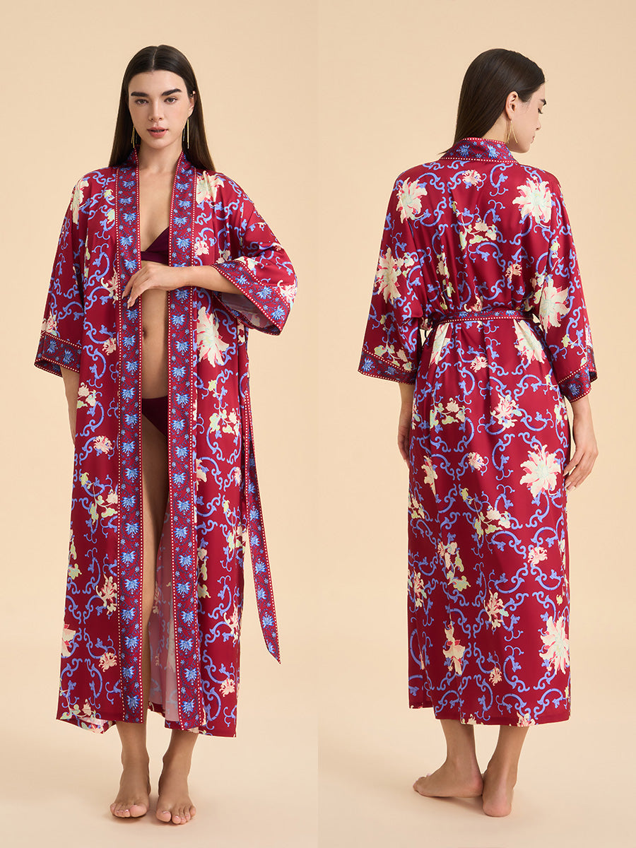 Crimson Floral Satin Kimono Robe