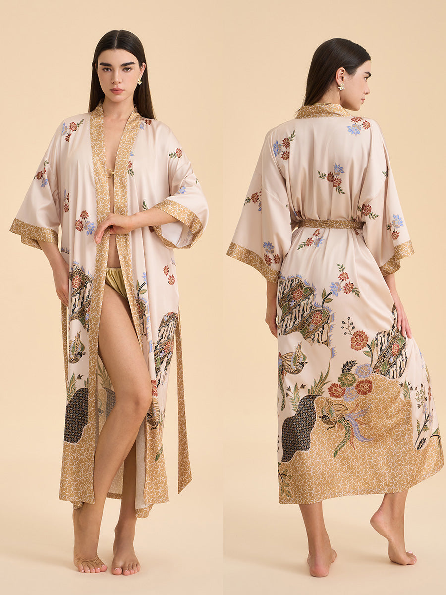 Oriental Bird & Floral Satin Kimono Robe