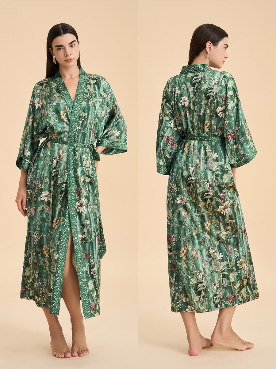 Botanical Print Satin Kimono Robe