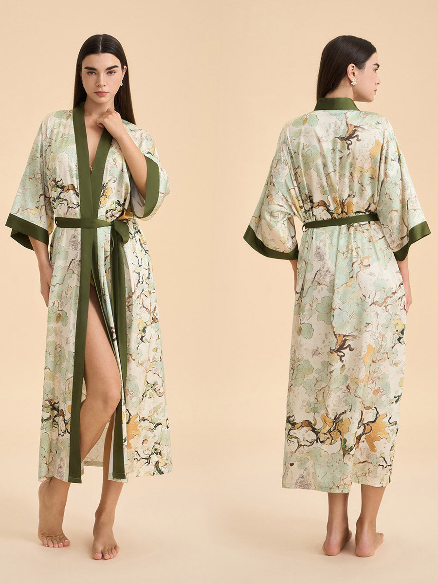 Ink Wash Botanical Satin Kimono Robe