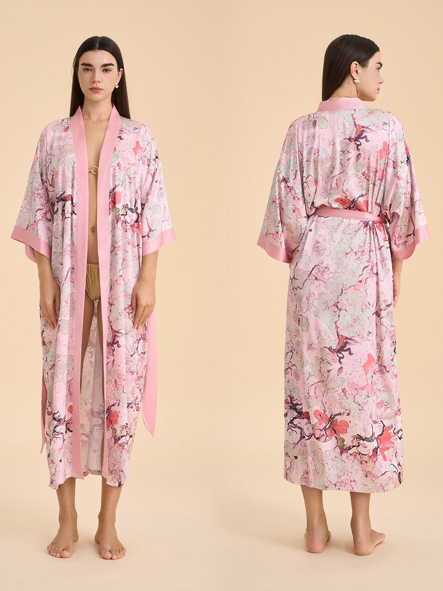 Pink Oriental Vine Satin Kimono Robe