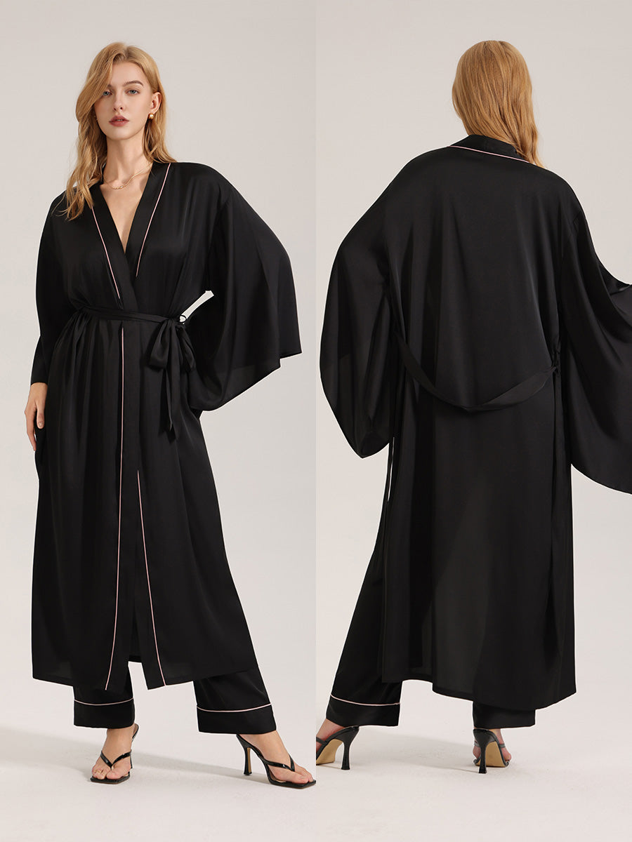 Black Satin Robe with Pink Piping