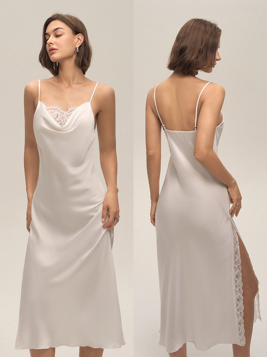 Ivory Cowl Neck Lace Satin Midi Slip Dress