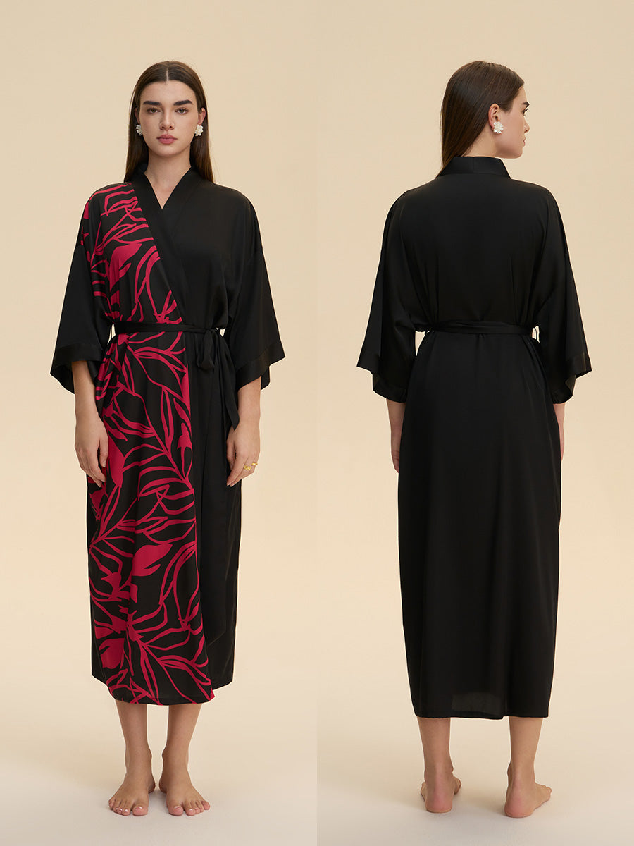 Colorblock Botanical Satin Kimono Robe