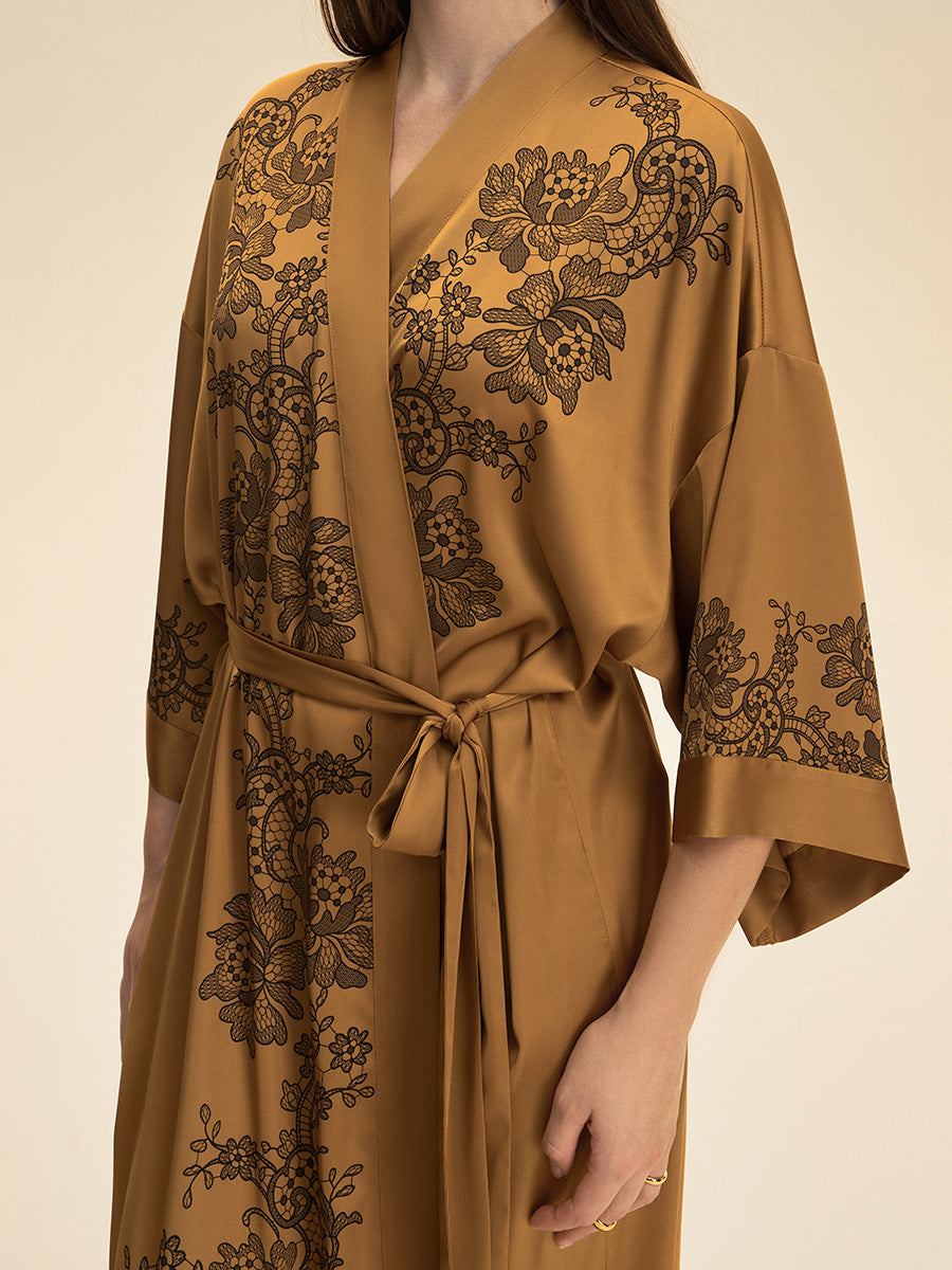 Lace Print Satin Kimono Robe