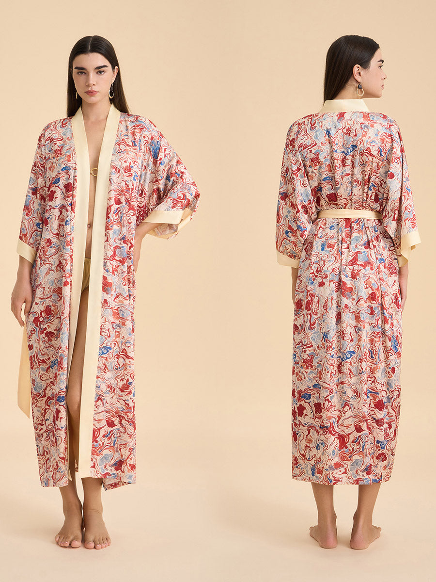 Artistic Marble Print Satin Kimono Robe