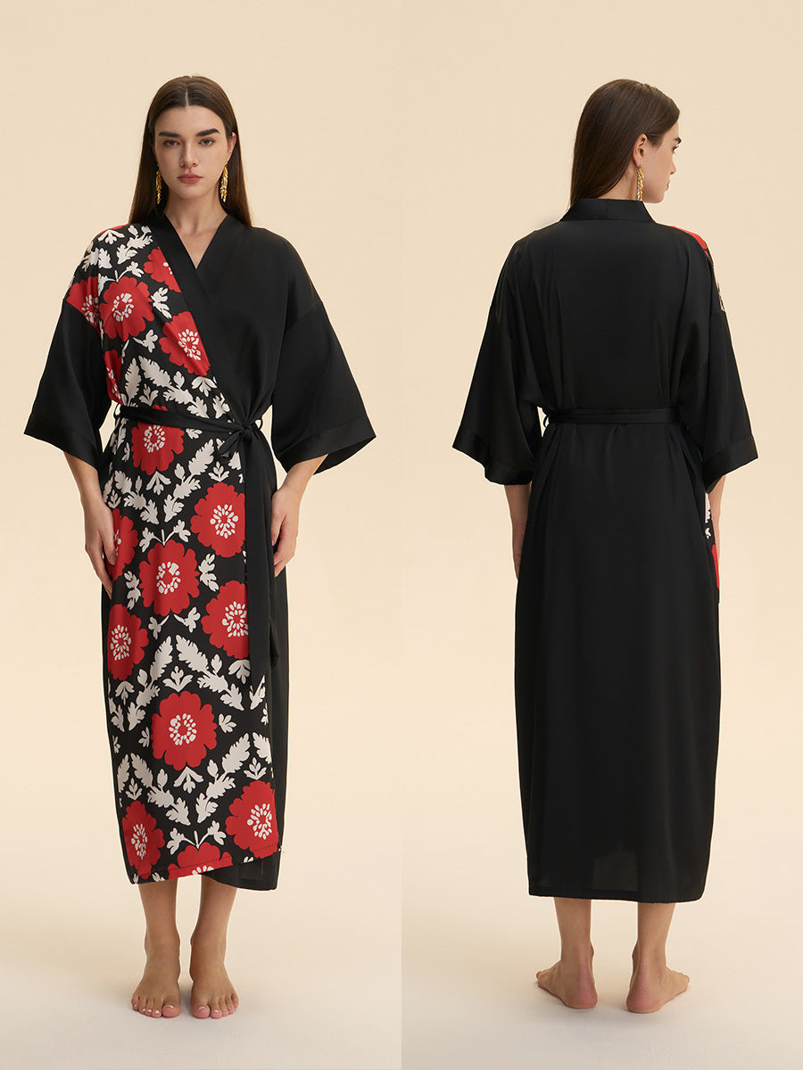 Bold Floral Colorblock Satin Kimono Robe