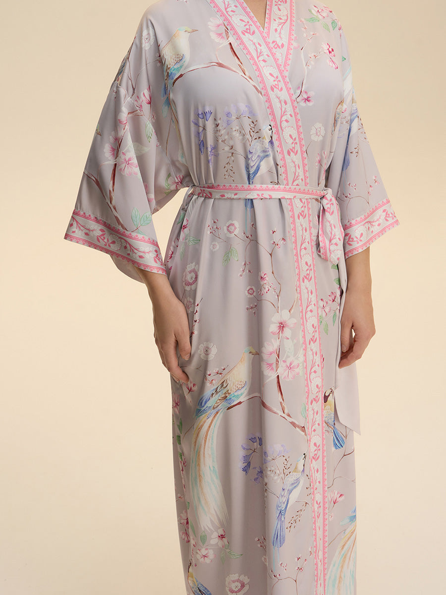 Pastel Bird & Floral Satin Kimono Robe