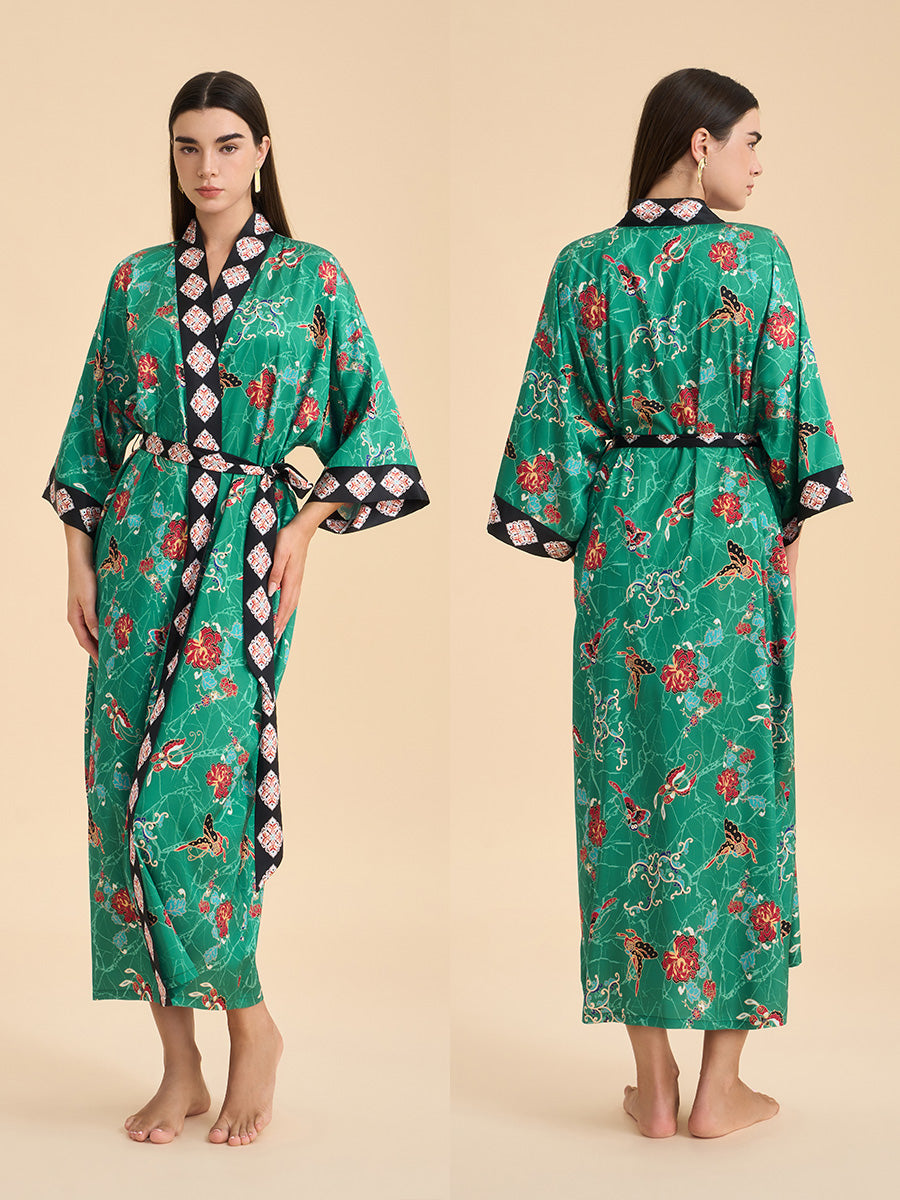 Green Floral Butterfly Satin Kimono Robe