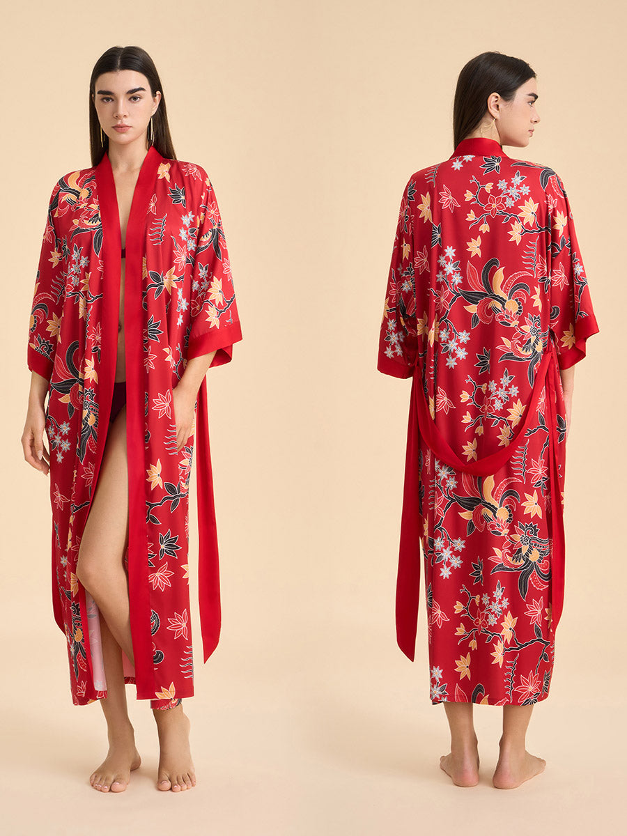 Oriental Floral Satin Kimono Robe