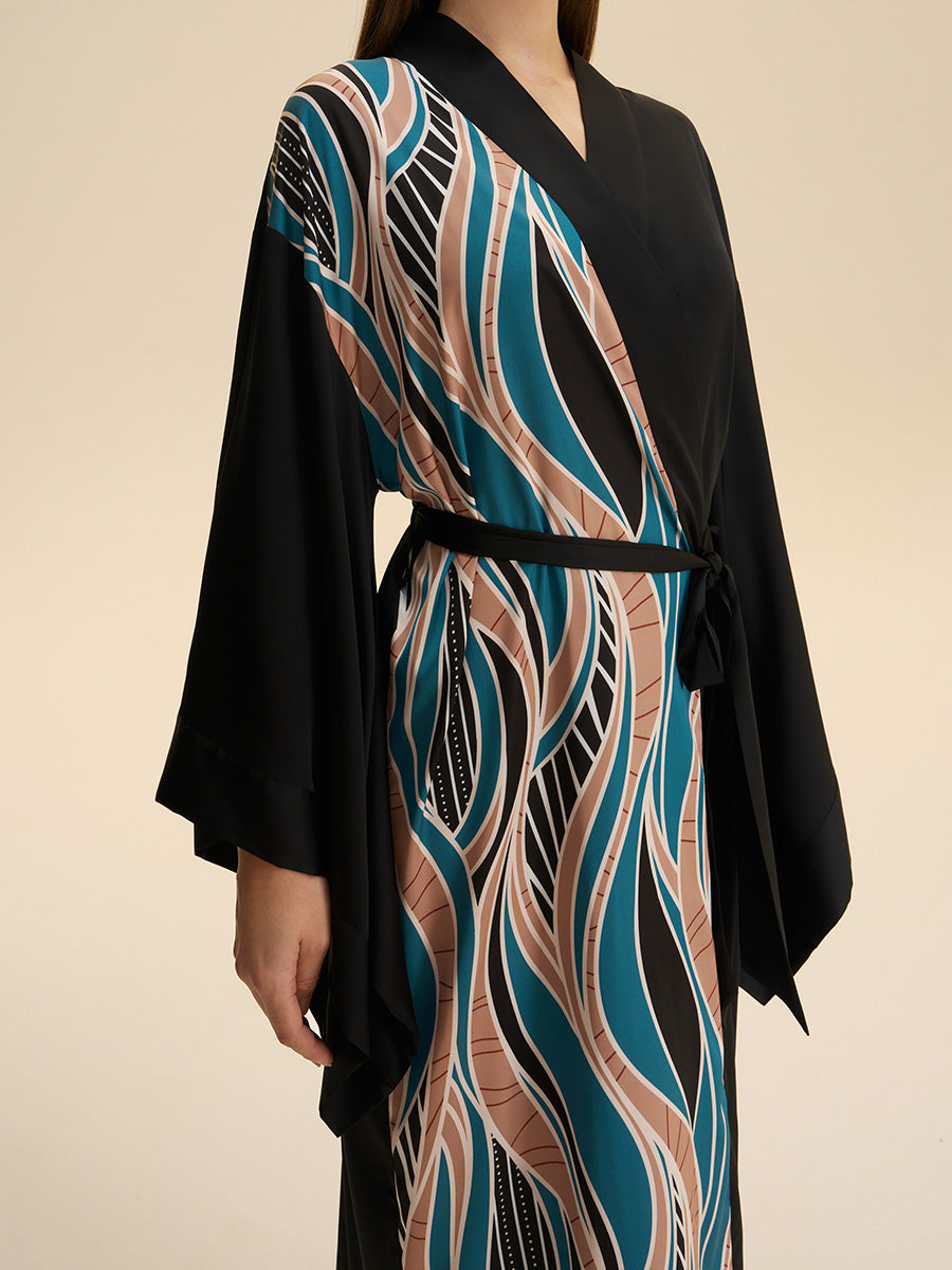 Black Abstract Wave Print Satin Kimono Robe