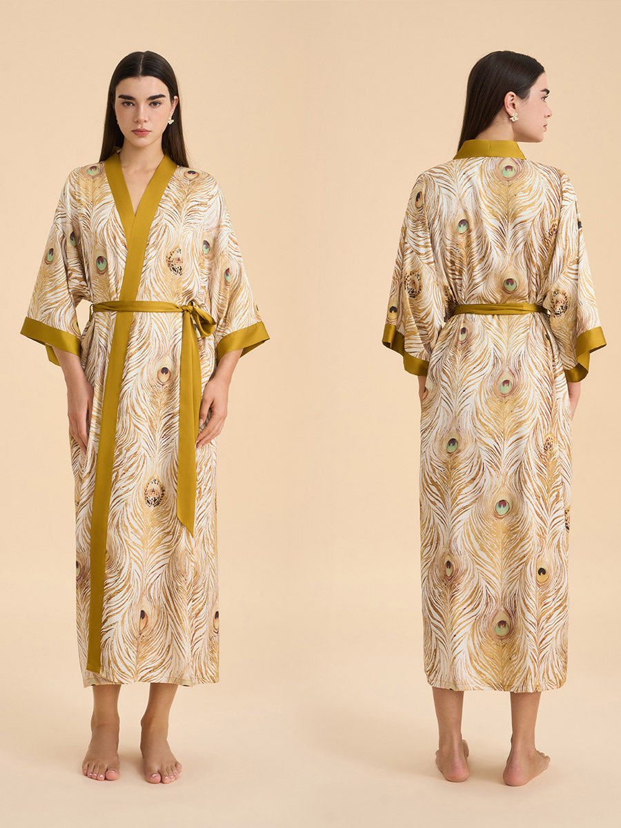 Peacock Feather Satin Kimono Robe
