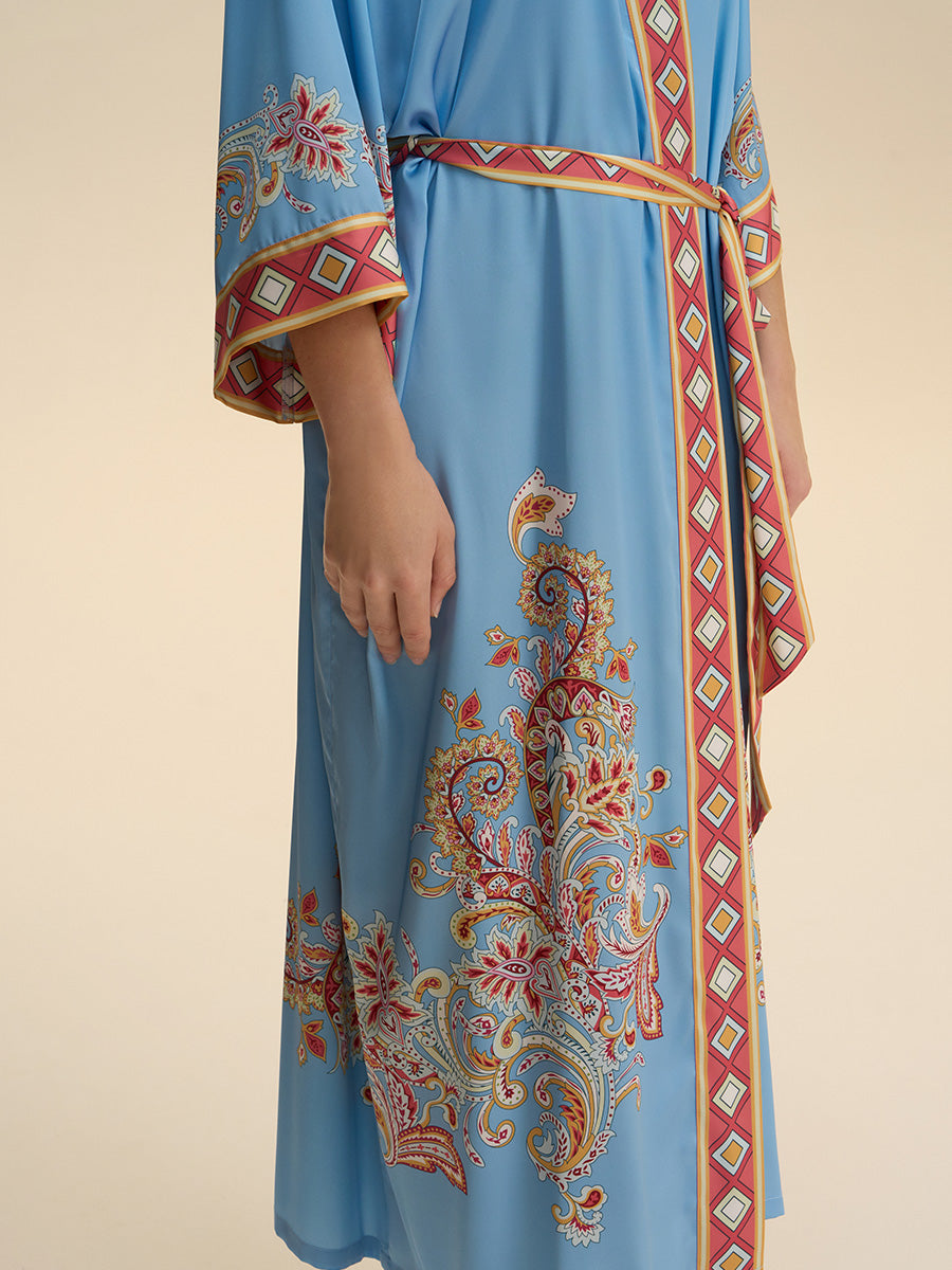 Sky Blue Paisley Satin Kimono Robe