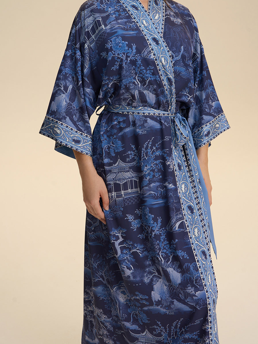 Blue Willow Landscape Satin Kimono Robe