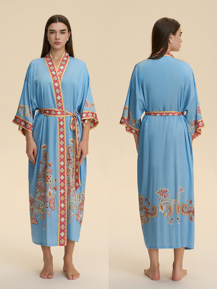 Sky Blue Paisley Satin Kimono Robe
