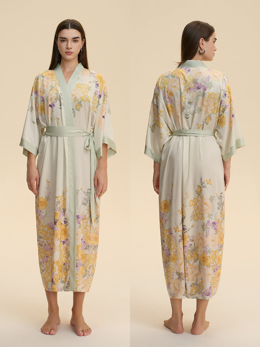 Floral Print Satin Kimono Robe