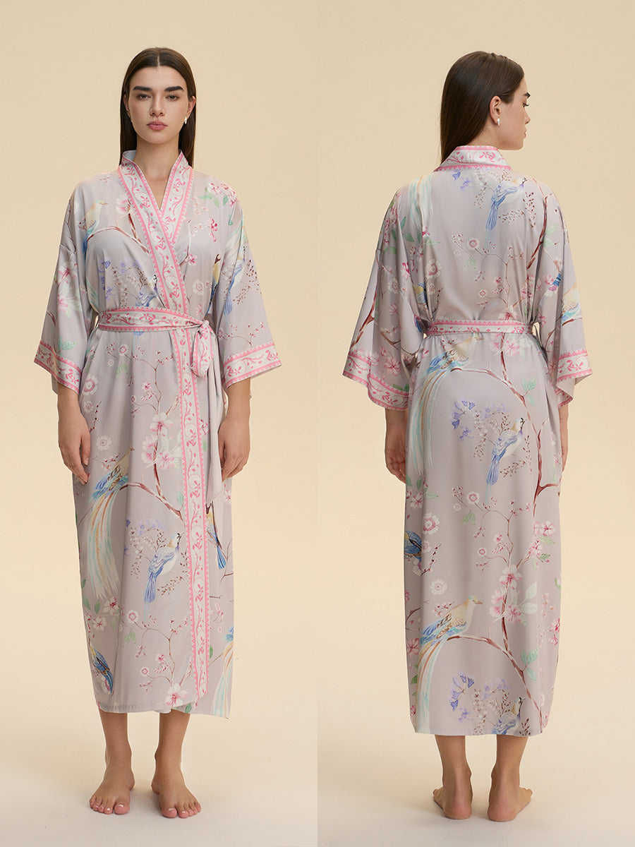 Pastel Bird & Floral Satin Kimono Robe