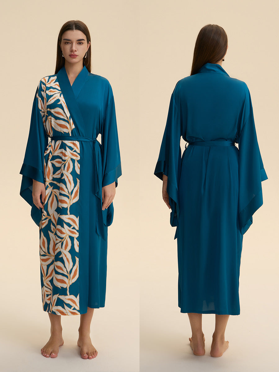 Teal Leaf Print Satin Kimono Robe