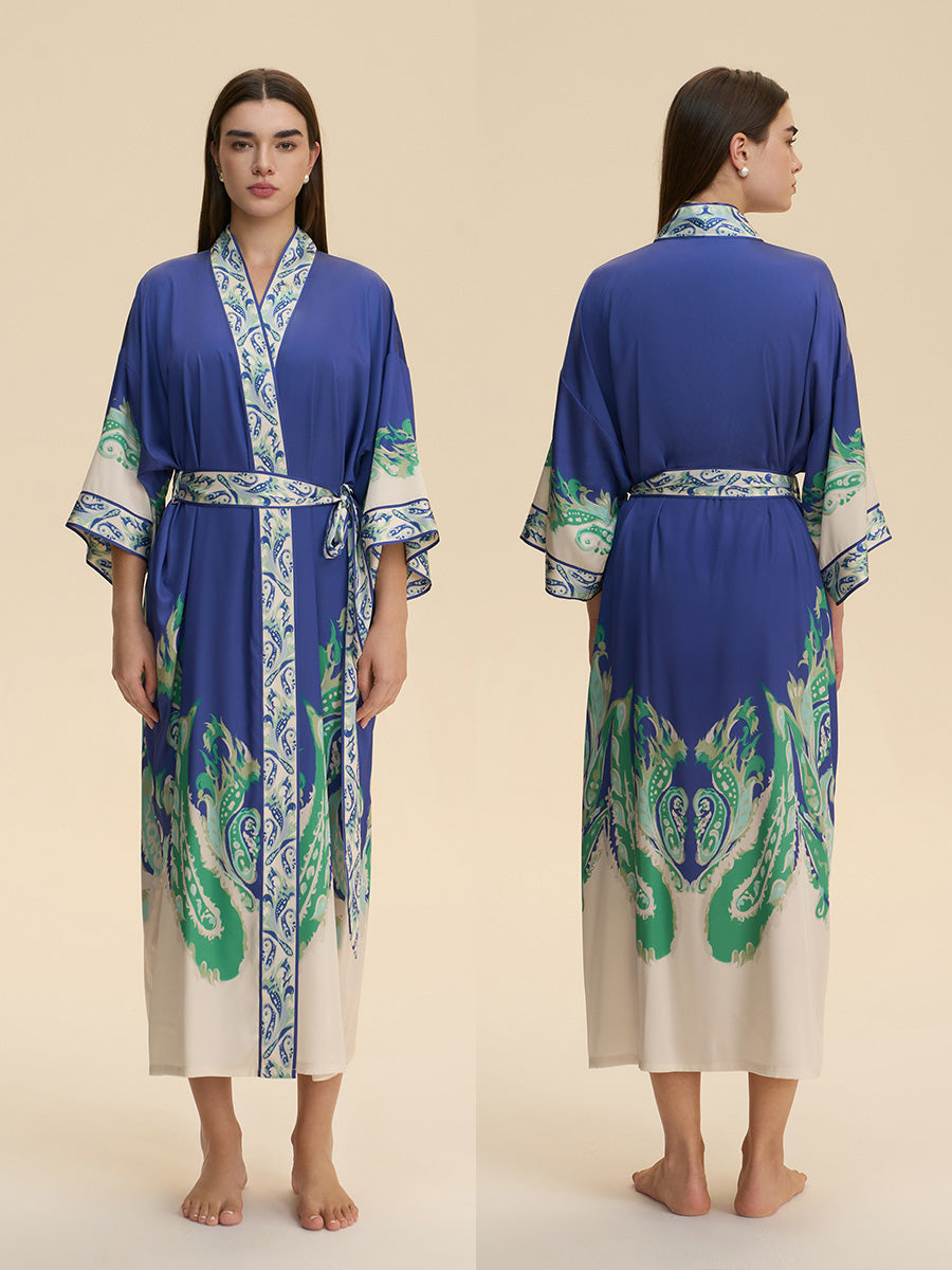 Royal Blue Paisley Satin Kimono Robe