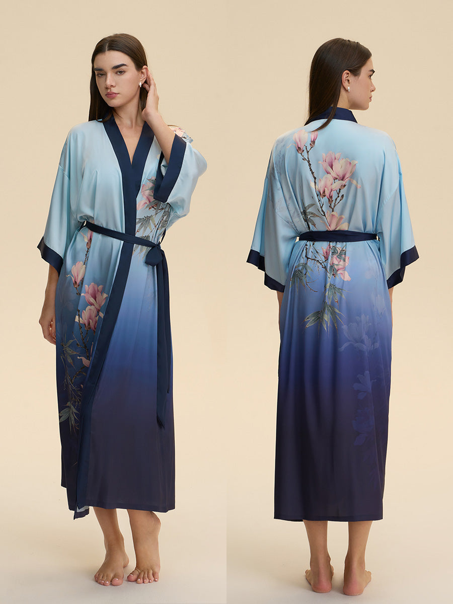 Magnolia Print Ombre Satin Kimono Robe