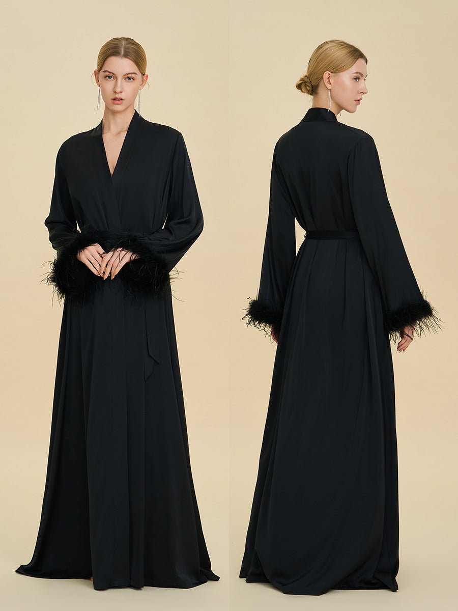 Black Satin Maxi Robe with Feather Cuffs