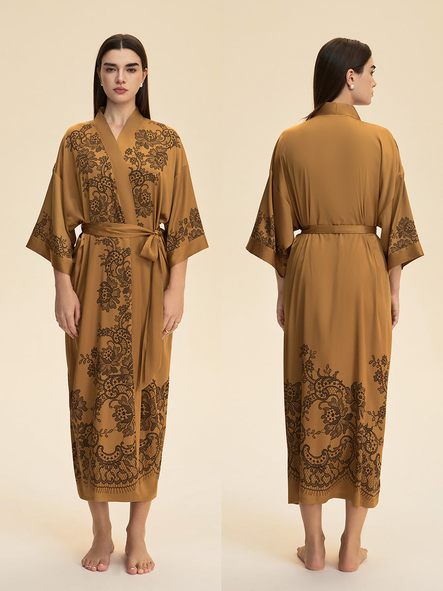 Lace Print Satin Kimono Robe
