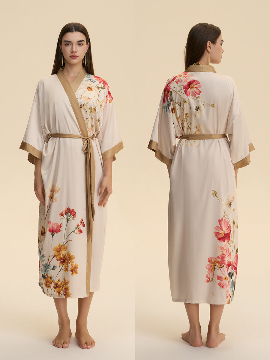 Floral Print Satin Kimono Robe