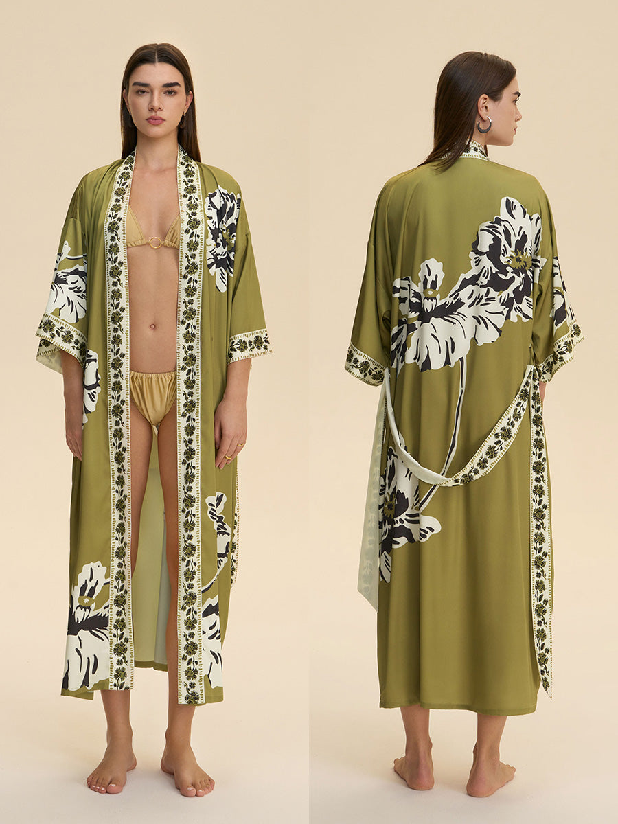 Olive Green Floral Satin Kimono Robe