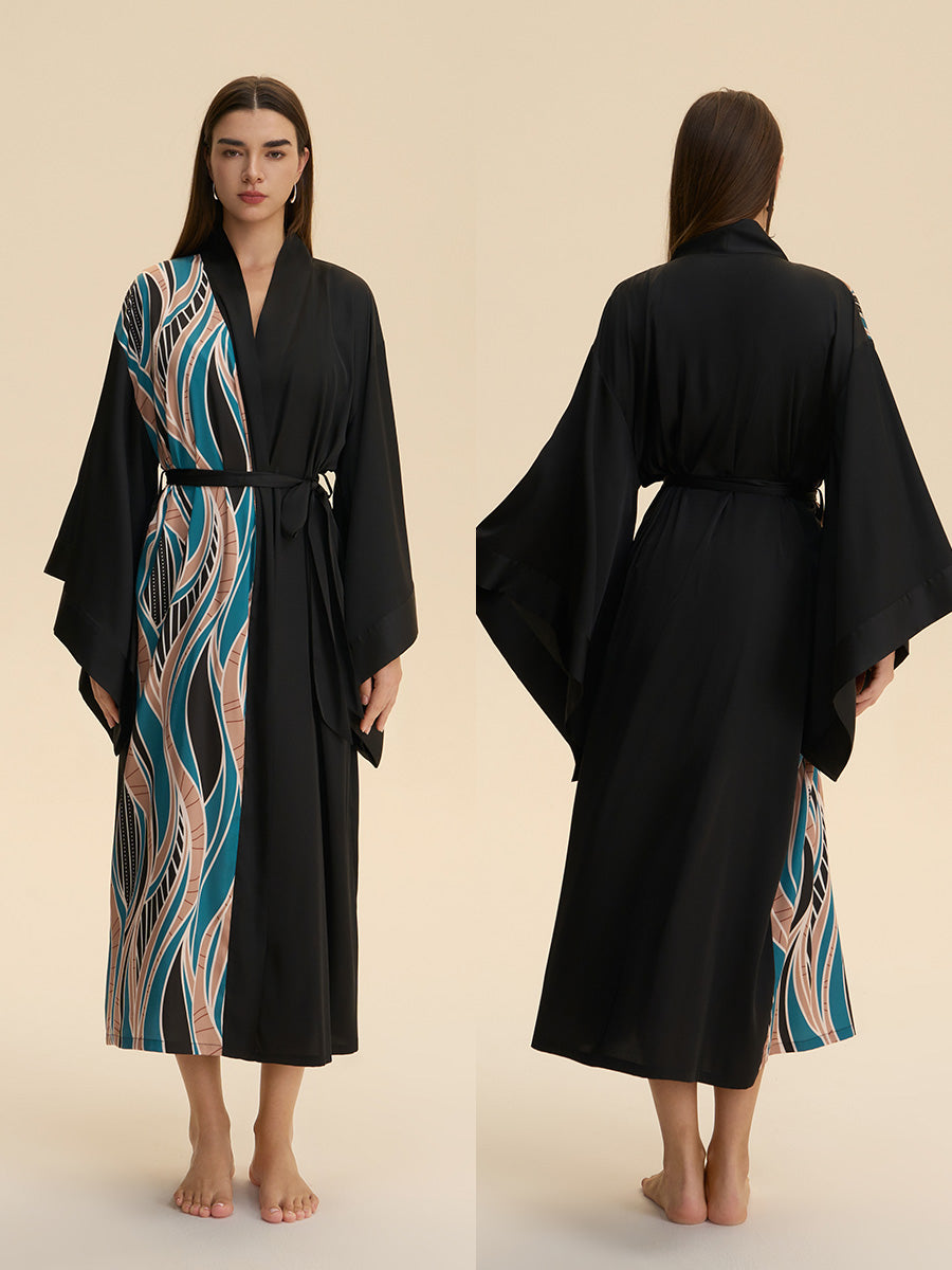Black Abstract Wave Print Satin Kimono Robe