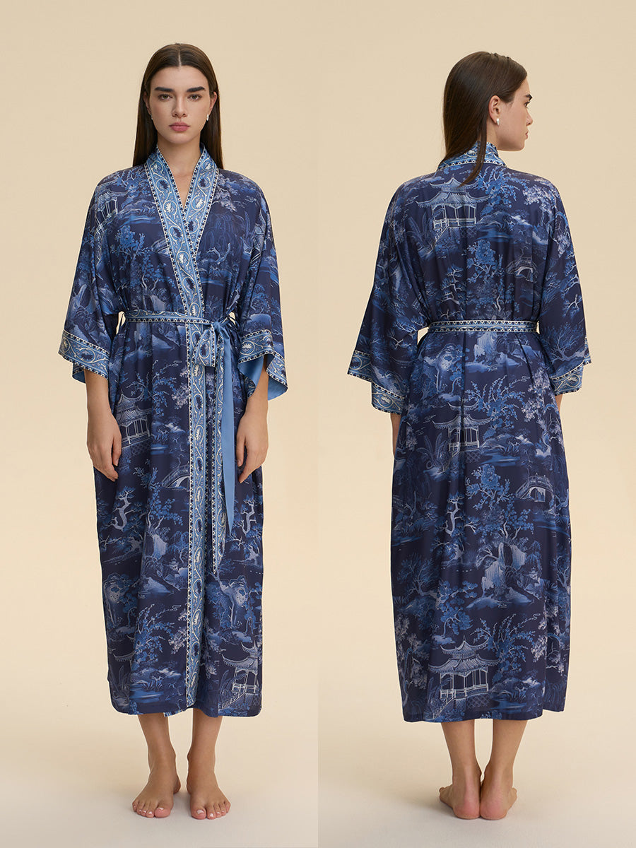 Blue Willow Landscape Satin Kimono Robe