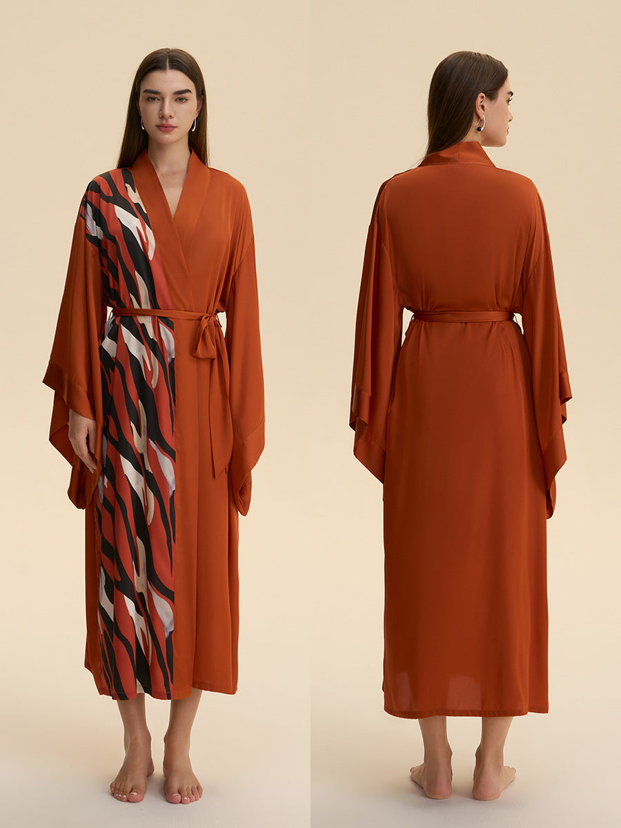 Rust Abstract Stripe Print Satin Kimono Robe