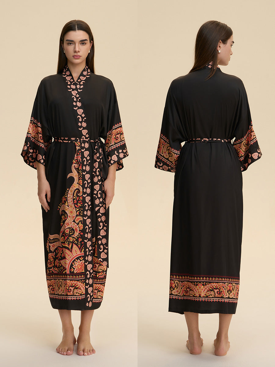 Black Paisley Satin Kimono Robe