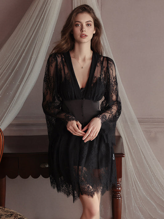 Black Lace Satin Chemise & Robe Set