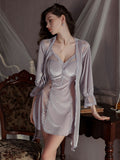 Shiny Velvet Chemise & Lace Trim Robe Set