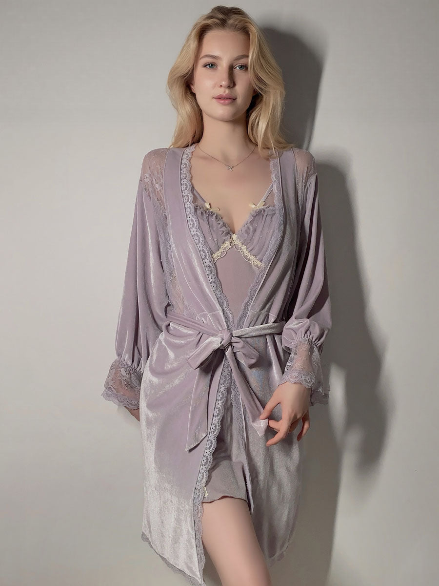 Velvet Chemise & Lace Robe Set