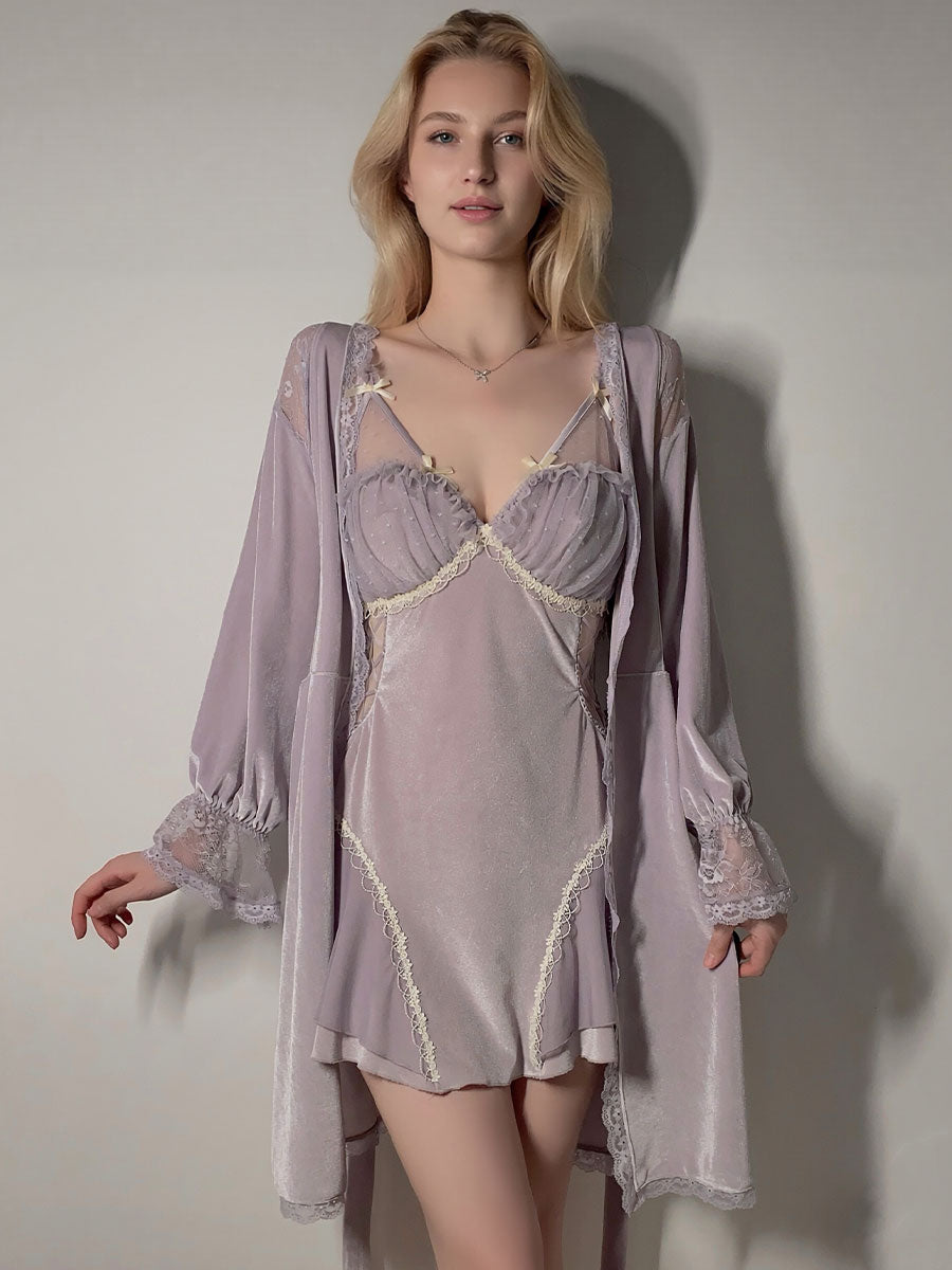 Velvet Chemise & Lace Robe Set