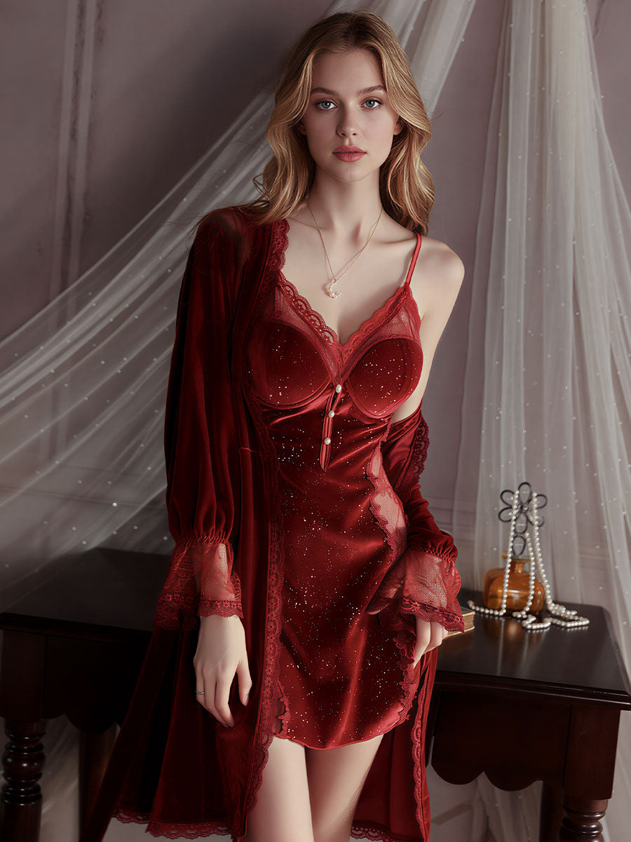 Shiny Velvet Chemise & Lace Trim Robe Set