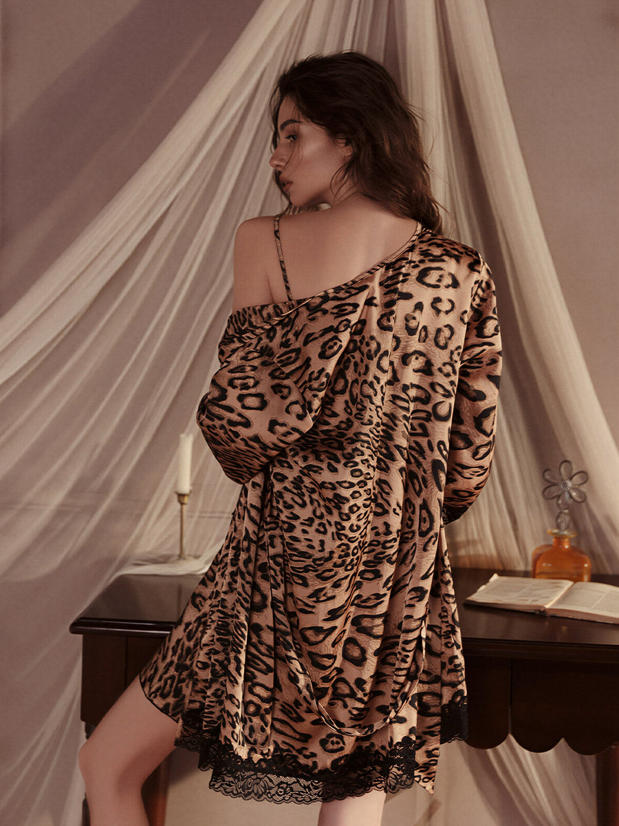 Leopard Print Satin Chemise & Robe Set