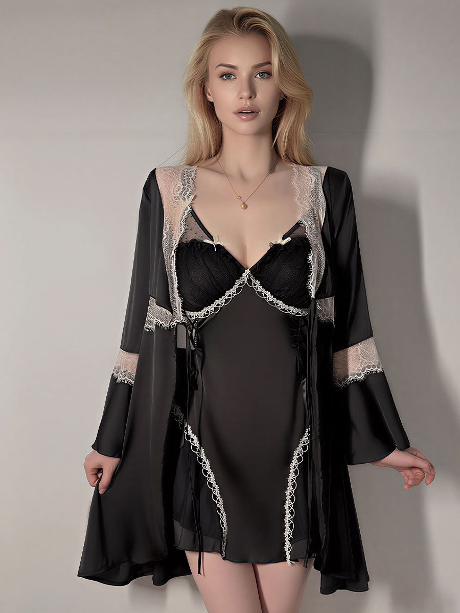Lace Trim Chemise & Satin Robe Set