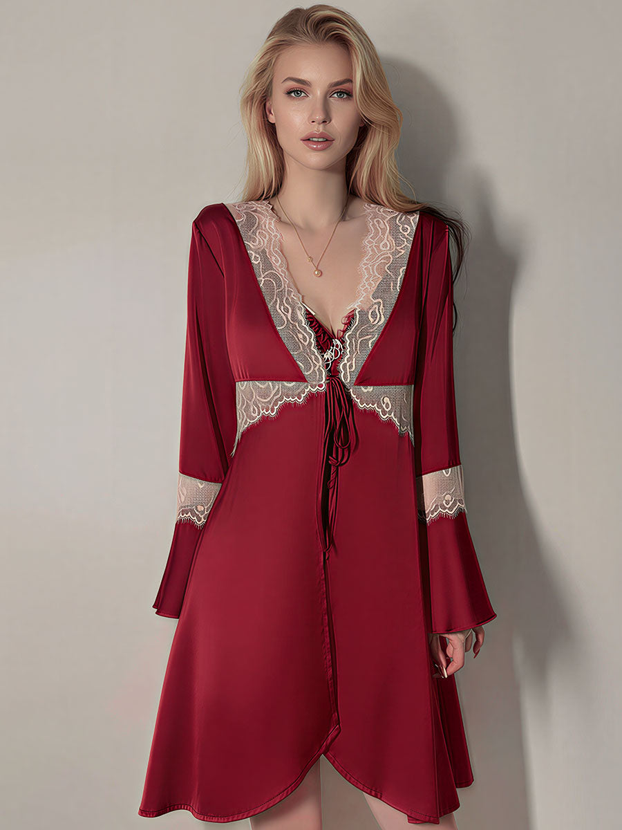 Lace Trim Chemise & Satin Robe Set