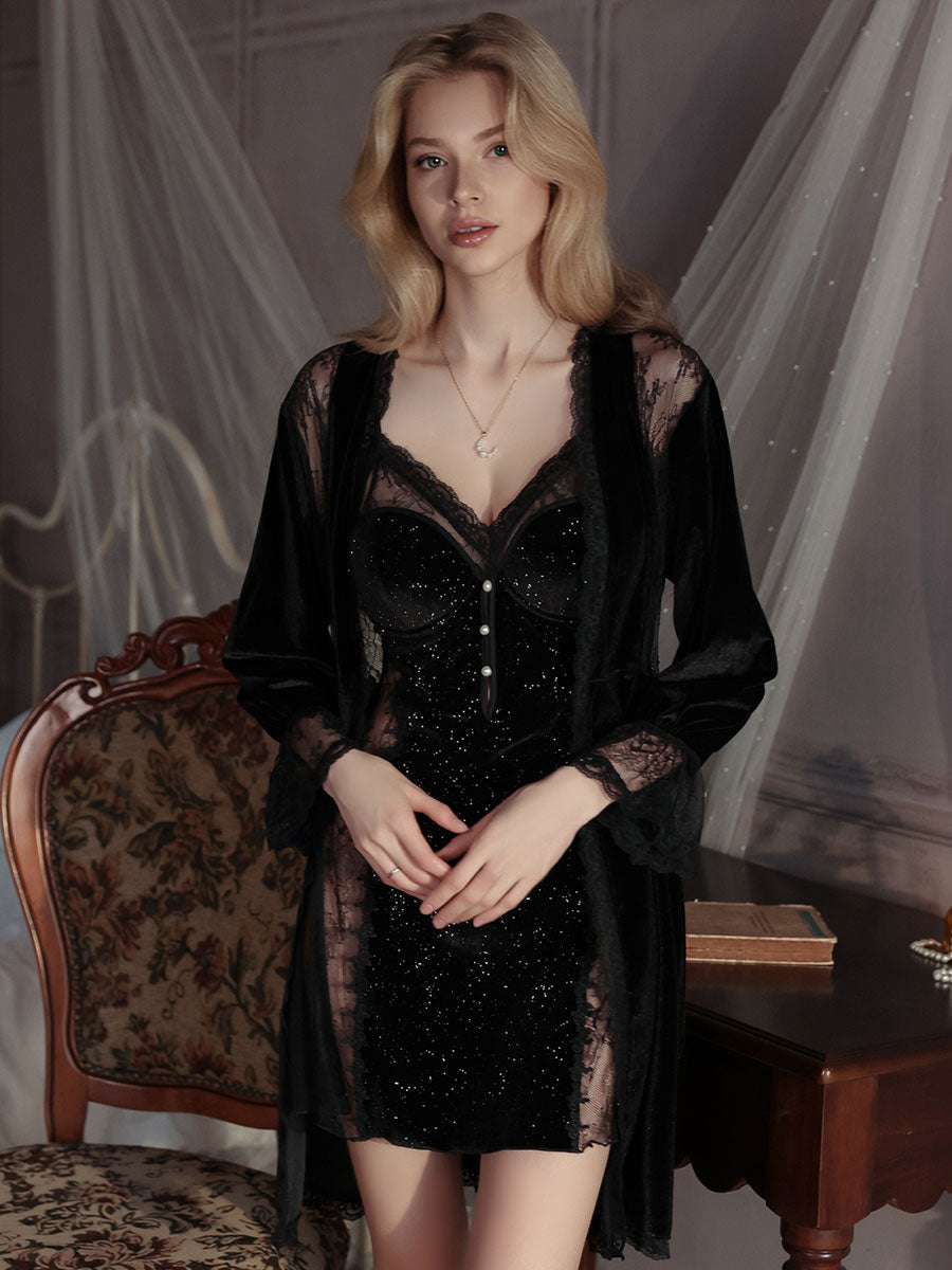 Shiny Velvet Chemise & Lace Trim Robe Set