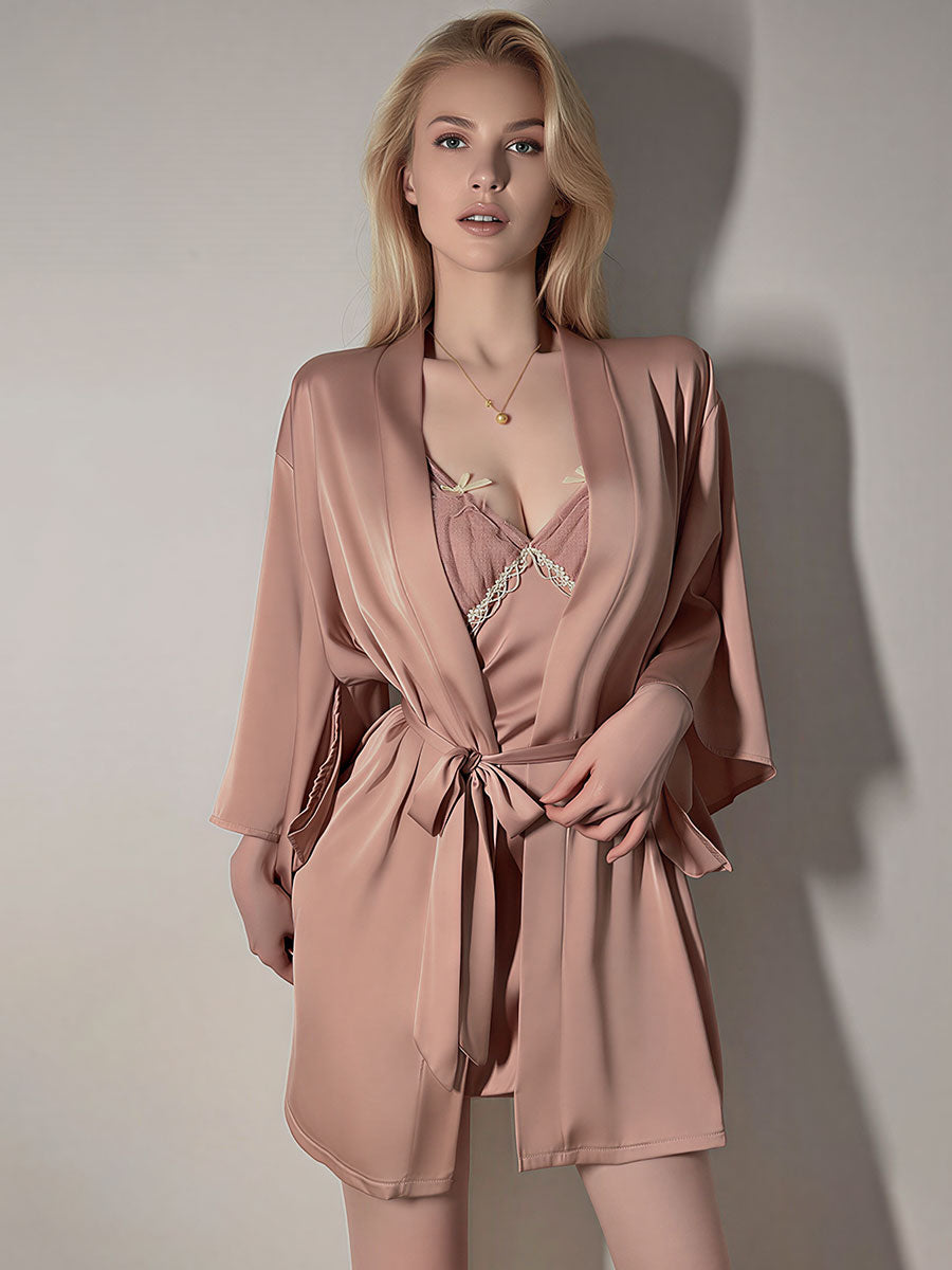 Lace Trim Chemise & Satin Robe Set